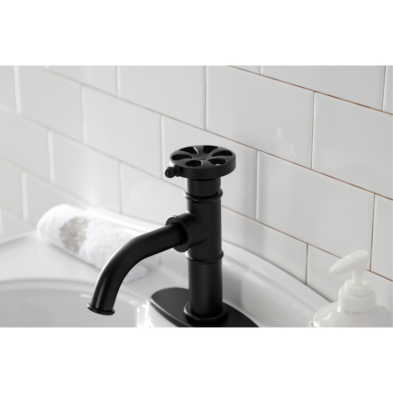 Kingston Sona KSD2820RX - Belknap One-Handle 1-Hole Bathroom Faucet with Deck Plate and Push Pop-Up Drain, Matte Black — thumbnail 2